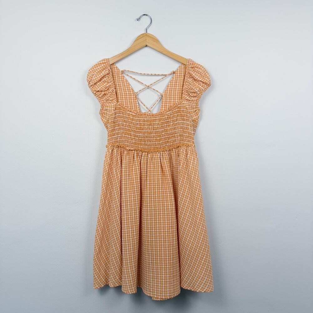 Free People Daphne Novelty Smocked Gingham Mini Dress Orange S - Picture 2 of 5